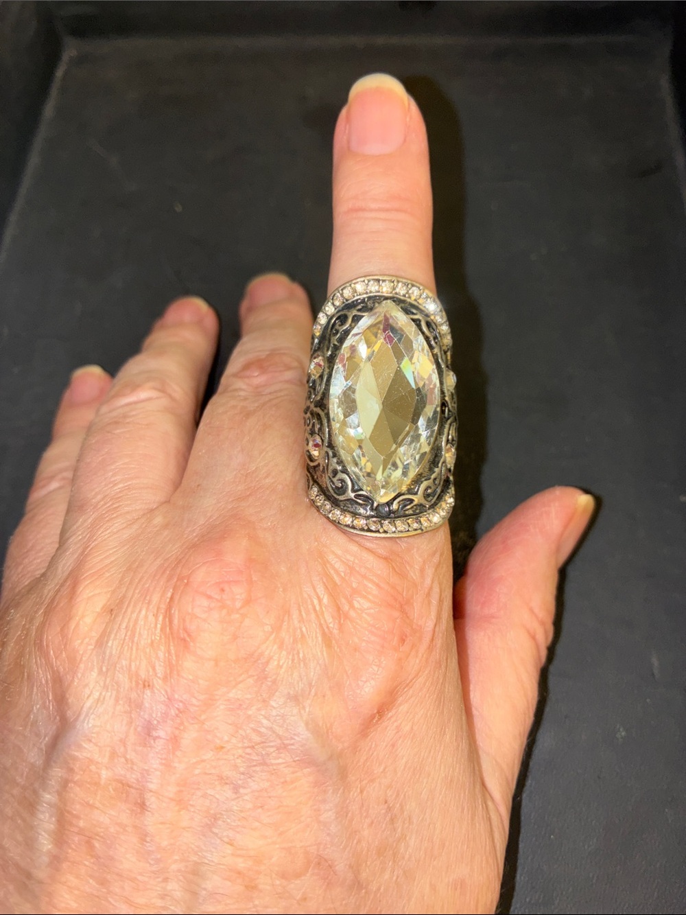Clear Crystal Statement Cocktail Stretch Ring in Silver Tone